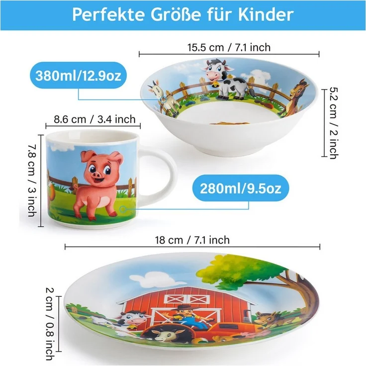 MiaMio Kindergeschirr-Set Farm Motiv Grün (3-tlg), 1 Personen, Keramik, Teller, Schüssel und Tasse mit Kindermotiv – Bild 4