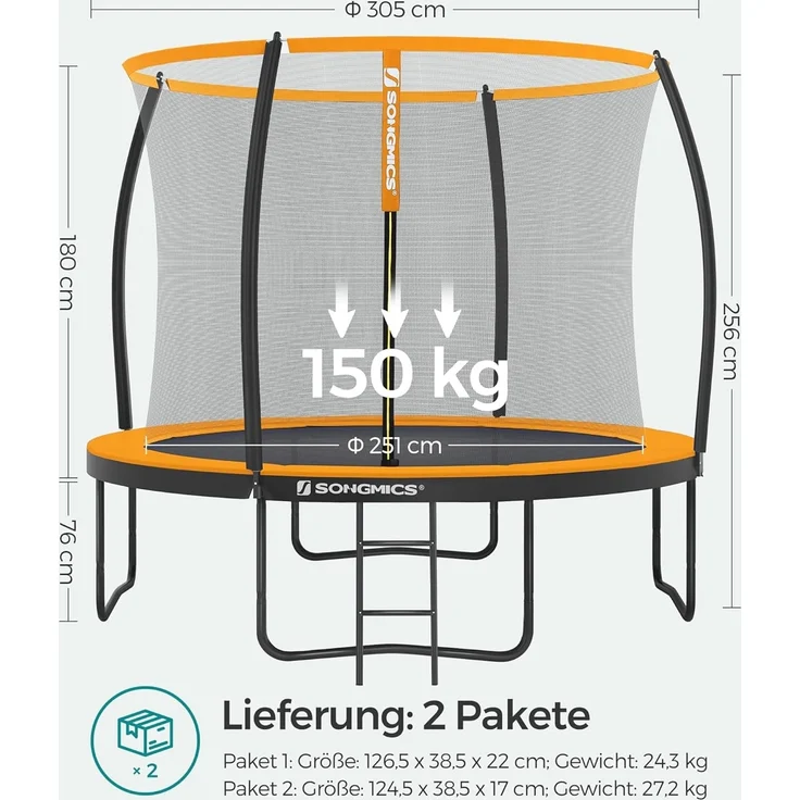 Songmics Trampolin mit Leiter, Sicherheitsnetz und gepolsterten Stangen, Stahl orange, Ø 305 cm – Bild 7