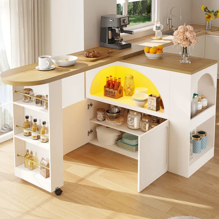 Merax Ausziehbarer Bartisch mit Stauraum(135-205×39×100cm) , Moderner Beweglicher Bar Table, Teleskopischer Bartisch mit LED Hochtisch Kücheninsel, Weiß – Bild 2
