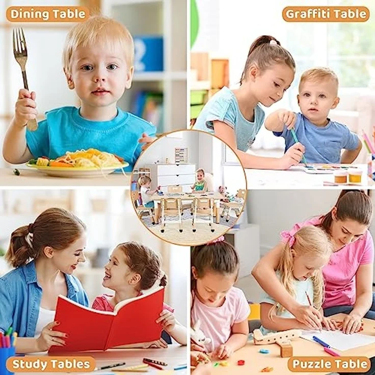Clevich Kindertisch mit 6 Stühlen,Kinder Tisch Stuhl Set für Kindergarten und Kinderzimmer,Kindertischgruppe Höhenverstellbar,Plastik Kindermöbel,Sitzgruppe für Jungen Mädchen,Gelb – Bild 5