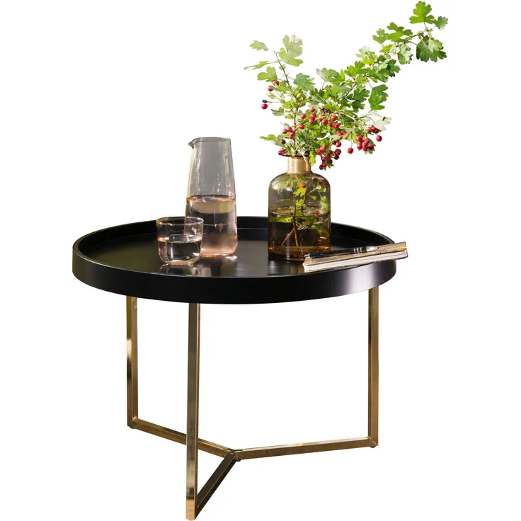 Wohnling Couchtisch, Tulpenholz Schwarz/Metall Gold, 58,5 x 42 x 58,5 cm, rund