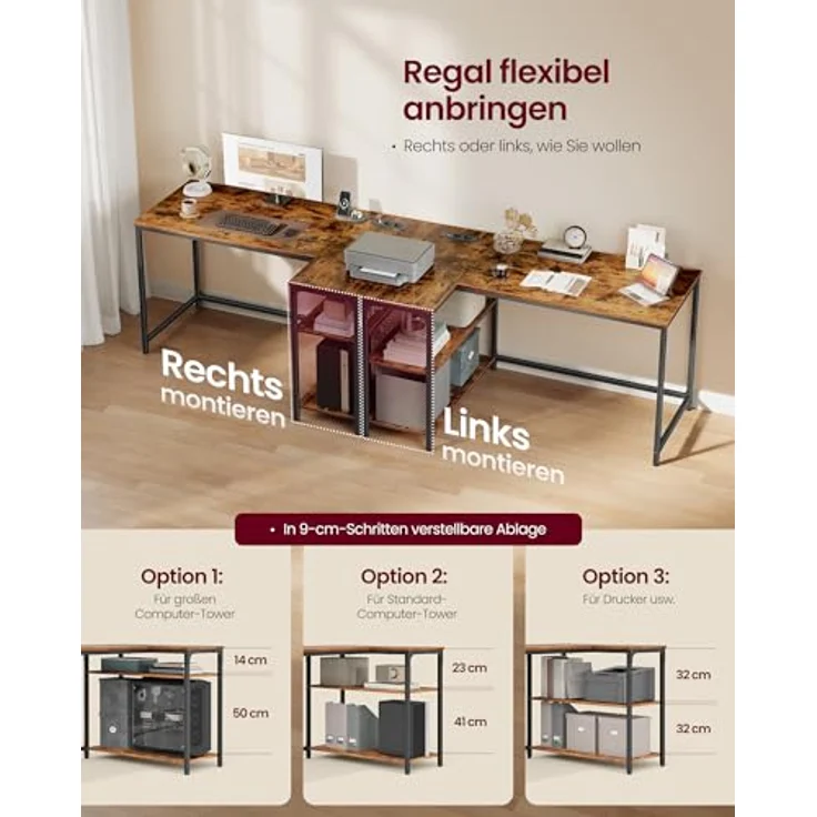 VASAGLE Eckschreibtisch in L-Form, Computertisch mit Stauraum, Bürotisch, höhenverstellbare Ablage, für Homeoffice, mit 2 AC-Steckdosen und 2 USB-Anschlüssen, 120x80 cm, vintagebraun LWD132KD01 – Bild 7