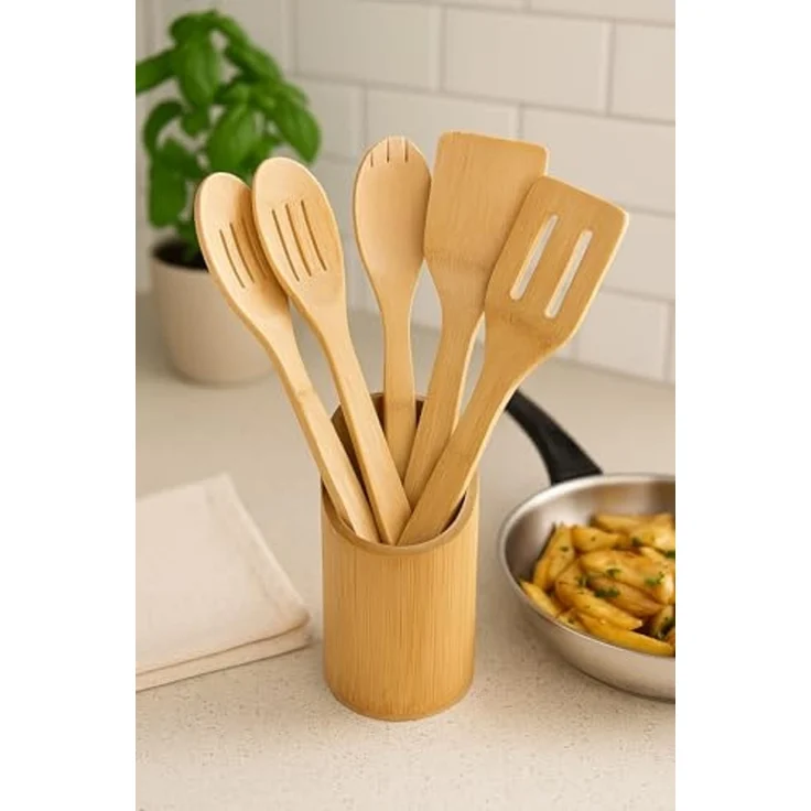 hausleben Kochbesteck-Set – 100% Bambus – 30 x 6 cm (6-tlg), umweltfreundlich – Langlebig – Schonend für Pfannen & Töpfe – Bild 2