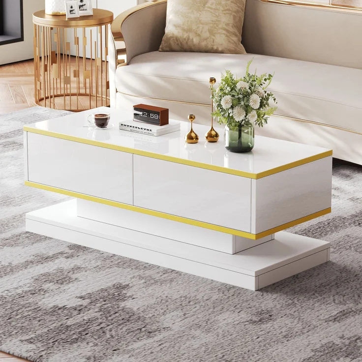 Merax Hochglanz-Couchtisch, Sofatisch mit 2 großen Schubladen, einzigartiger Wohnzimmertisch, warmweiß + goldener Rand kaffeetisch – Bild 3