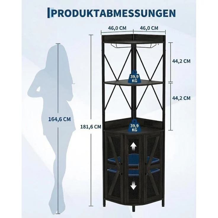 GarveeMore Eckschrank mit 5 Ebenen,Robuster pflegeleichter MDF-Barschrank für Wohnzimmer Barschrank Mit Steckdose, LED-Beleuchtung & Glashalter für Wohnzimmer – Bild 2