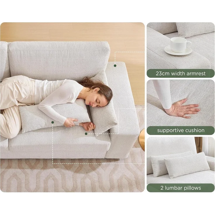 Sofa 3-Sitzer 220 cm beige Chenille 59 cm Sitztiefe breite Armlehnen – Bild 7