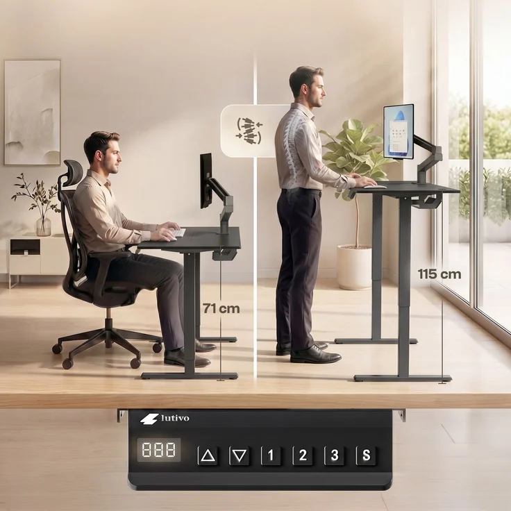 LUTIVO Foxtrot, Höhenverstellbarer Schreibtisch Elektrisch, Memory-Funktion und Kabelmanagement, 140 x 60 cm, Schwarz/Schwarz – Bild 7