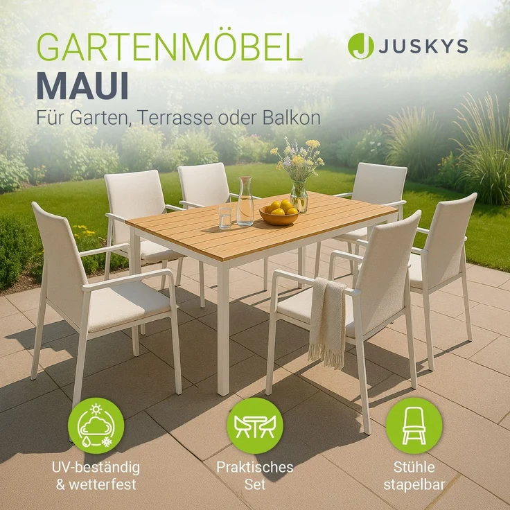 Juskys Premium Gartenmöbel Set Maui - Tisch mit 6 Stühlen - Alu & Polywood - langlebig & wetterfest - Kissen schnelltrocknend - Terassenmöbel - Beige – Bild 2