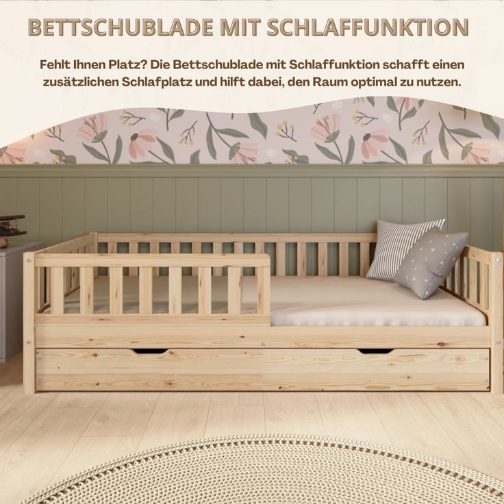 Crazy Pine 'Crazy Basic' Kinderbett mit Rausfallschutz, Skandinavisches Design, Holz, Natur, 90x190 cm, mit Ausziehbett – Bild 7
