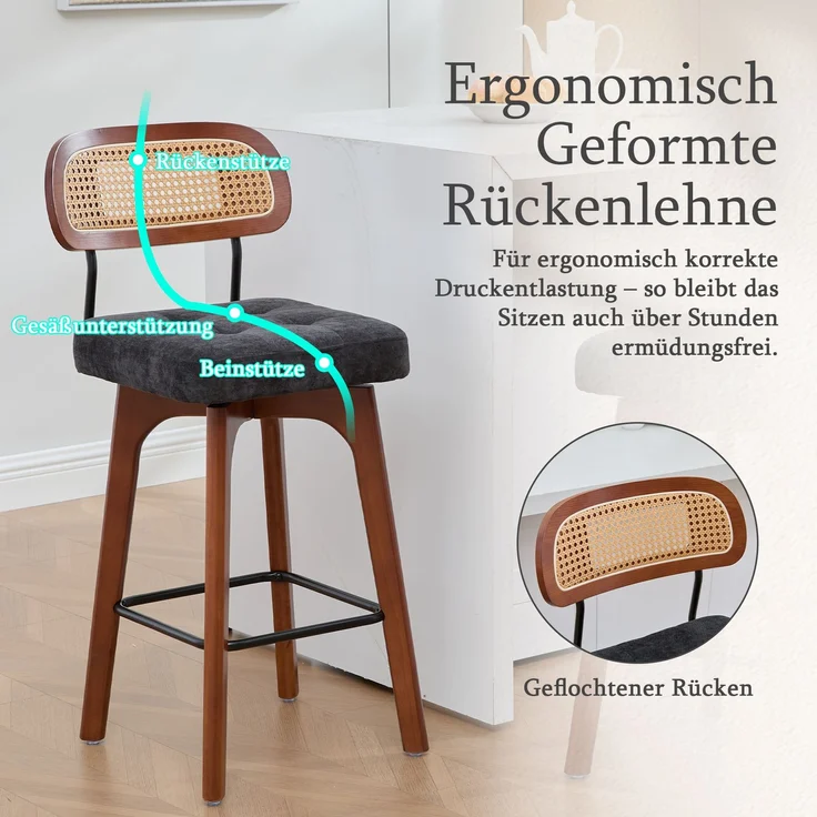 2er-Set um 360° drehbare Barhocker, Küchen- und Frühstücksbarhocker mit Rückenlehne, Rückenlehne aus Rattan mit gepolsterter Sitzfläche, Barhocker im modernen Mid-Century-Stil(schwarz, Chenille-Stoff--Schwarz--51x44x96cm--YOUDENOVA – Bild 2