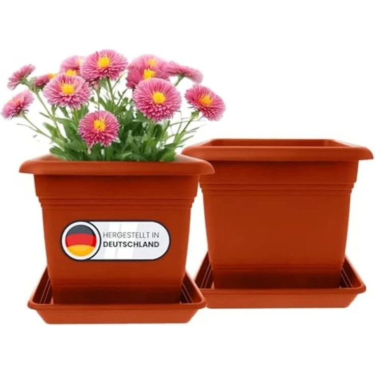 Centi Pflanzkübel Blumentopf Gross XXL, Pflanzkübel Groß Außen mit Untersetzer (Set, 2 St, eckick 48cm x48cm, Made in DE), Pflanzentopf Kunststoff Terracotta, Pflanzkübel – Bild 1