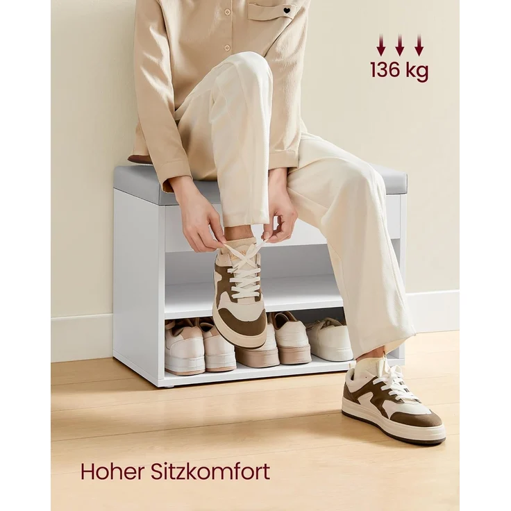 VASAGLE Schuhbank, Sitzbank, Schuhregal mit gepolstertem Kissen, Schuhorganizer mit 3 Ebenen, 30 x 60 x 44 cm, für Flur, Wohnzimmer und Schlafzimmer, wolkenweiß LHS020W01 – Bild 6