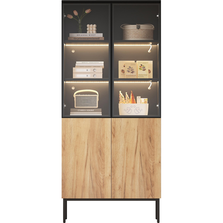 Vitrine mit Glastüren, 180 cm hoher Schrank mit LED-Leuchten, Bücherregal, 5-stöckige Glasvitrine für Sammlerstücke, Bücherregal, Büro, Schwarz/Eiche--Schwarz, Eiche--74x31x180cm--YOUDENOVA – Bild 9