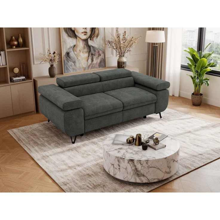 2-Sitzer Polstercouch PETER mit verstellbaren Armlehnen und Kopfstütze, Gepolsterte Couch, Wellenfeder - Dunkelgrau Struktur – Bild 5