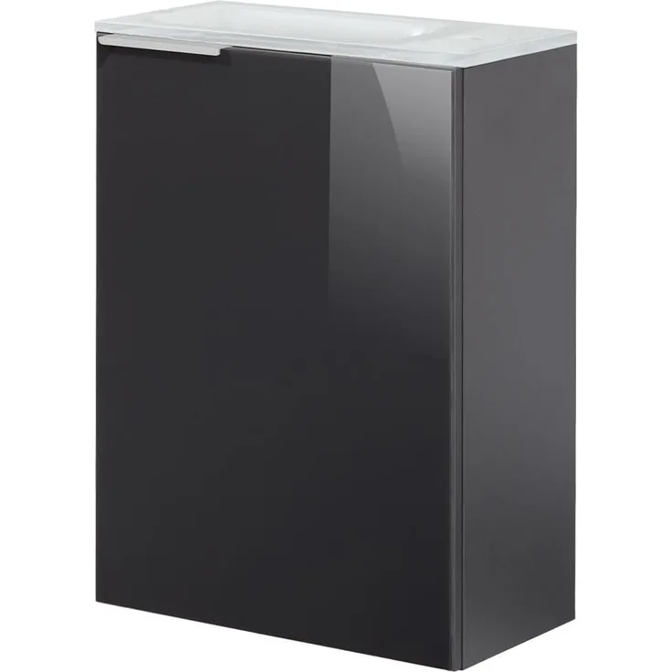 FACKELMANN SBC KARA Gäste WC Waschtisch Set 45 cm breit, Anthrazit, Waschbecken Glas Weiß, Türanschlag rechts + Waschbeckenbeleuchtung