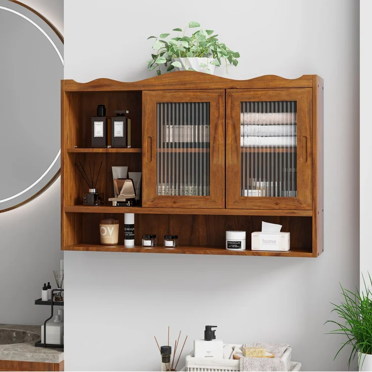 DESVIAE Sideboard wandmontiert mit Schiebetüren 90x60x20 cm Massivholz Glas Braun – Bild 2