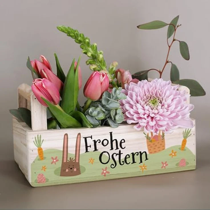 Herz & Heim Geschenkbox zu Ostern - Pflanzkorb aus Holz als Osterkorb für Ostergeschenke, 2 Griffe, mit Folie ausgekleidet – Bild 3