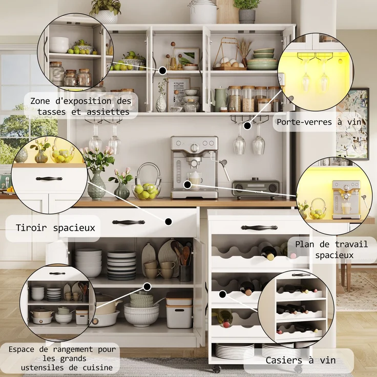 TavilaEcon Küchenbuffet 140cm Küchenschrank mit Rollwagen und LED-Beleuchtung weiß 180 × 38 × 140 cm (H × T × B) – Bild 3
