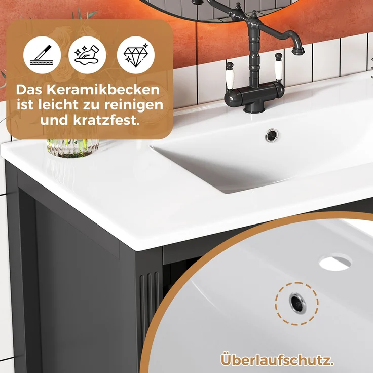 91*46,5*87 cm, freistehender Waschtisch, lackierte Oberfläche, integriertes Keramikbecken, Soft-Close-Scharniere, geräuschlose Auszüge, 3D-Rahmendesign, Klappschublade, schwarz. – Bild 10