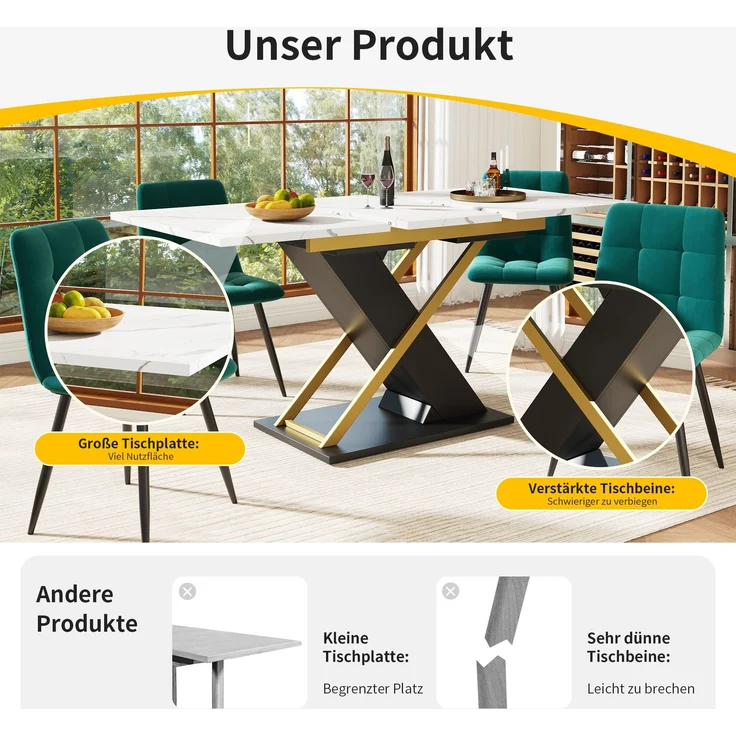 Ausziehbarer Esstisch 120-160x80x75,4 cm, Marmoroptik, goldene Kreuzbeine – Bild 8