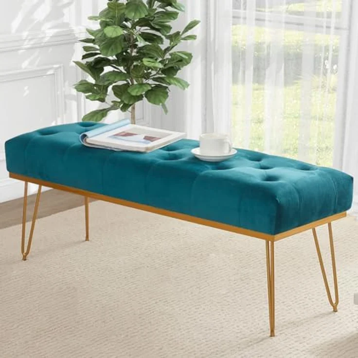 Shally Dogan Sitzbank aus Stoff, Ottomane mit hochdichter Polsterung, Mehrzweck-Eingangsbereich, ideal für Schlafzimmer, Wohnzimmer, Blau – Bild 2