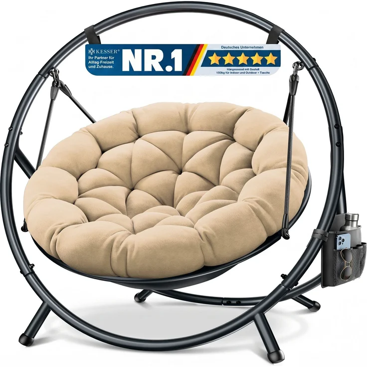 KESSER® Hängesessel mit Gestell BALI Hängeschaukel Hängestuhl bis 150kg für Indoor und Outdoor + Kissen & Seitentasche Hängekorb Stahlgestell & Schaumstoff Sitzpolster ideal für Wohnzimmer & Garten Beige – Bild 2