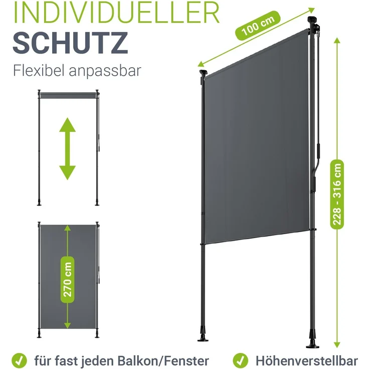 Juskys Senkrechtmarkise Barbados 100x310 cm - Sonnenschutz, Sichtschutz, ausziehbar, Klemmmarkise, ohne Bohren, wetterfest, wasserabweisend - Grau – Bild 5