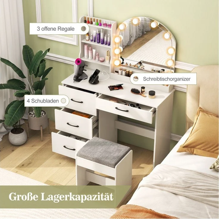 COSTWAY Schminktisch (1-St), mit LED-Beleuchtung, Ladestation, Hocker, Spiegel, 4 Schubladen – Bild 3