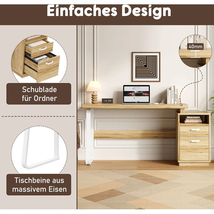 Flieks Schreibtisch 161 x 54 x 76.4 cm mit offenem Ablagefach, geräuscharmer Schublade und Stahlgestell, Naturholzfarben – Bild 6