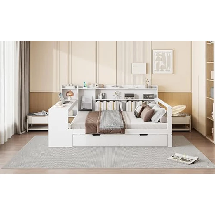 Ball & Cast Stauraumbett (140 * 200cm) mit Schublade, Schlafsofa mit Vielen Ablagefächern + Schreibtisch und USB-Anschlüssen, Einfach & Zeitsparend Montierbar, Weiß – Bild 6