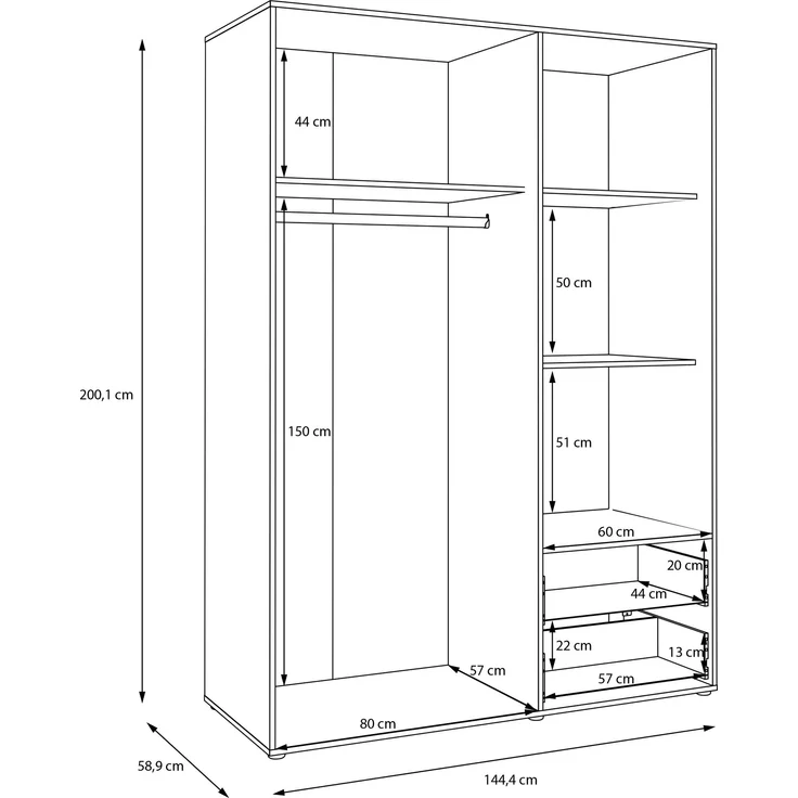 Drehtürenschrank >MOKKARIS< 3 Türen, 2 Schübe, in Schwarz - 144,4x200,1x58,8cm (BxHxT) – Bild 7