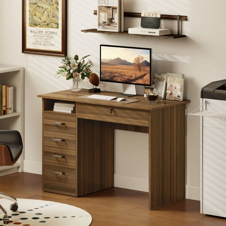 Schreibtisch mit 5 Schubladen, 110 x 50 cm, Schreibtisch mit Stauraum, offenes Regal, abschließbare Schublade, Nussbaum – Bild 4