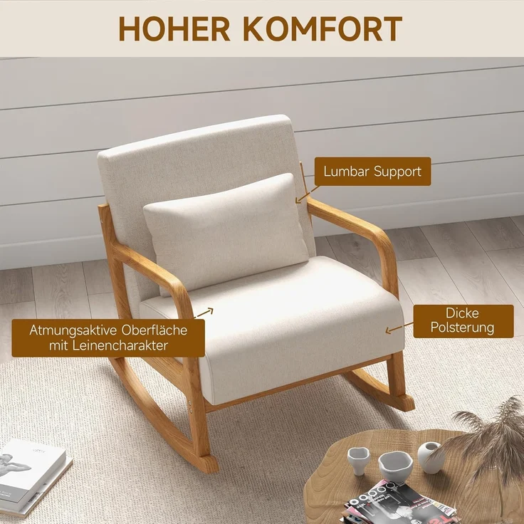HOMCOM Schaukelstuhl Schwingsessel Relaxsessel mit weicher Polsterung (Schaukelsessel, 1 St), für Schlafzimmer, Wohnzimmer, Creme – Bild 5