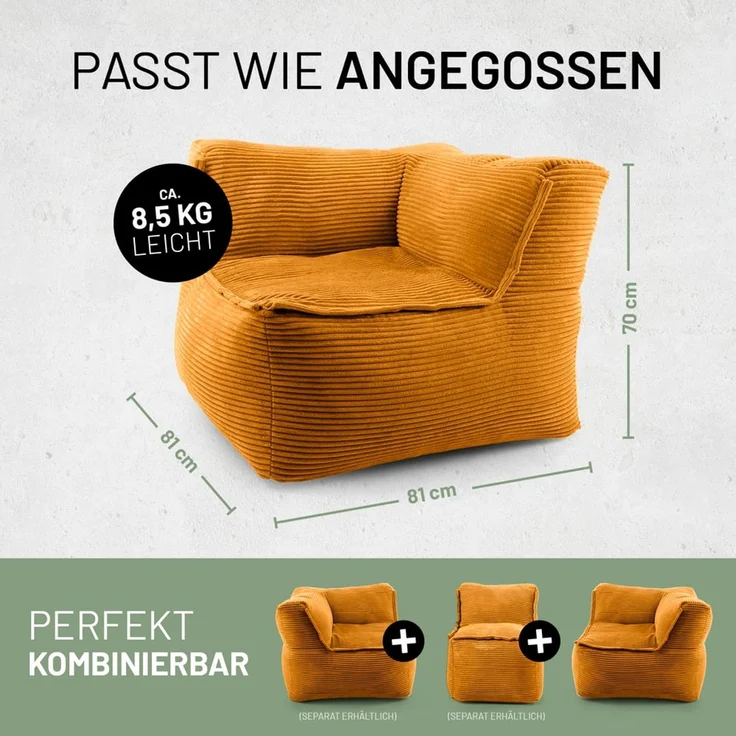 Lumaland Modulares Eckteil rechts - Cord-Reihe | Indoor Sitzsack mit Softer Struktur, ideal Sofa Modulen & zum Pouf | Bean Bag mit Füllung - für Wohnzimmer & Co. - 81 x 81 x 70 cm – Bild 2