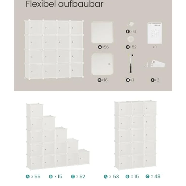 SONGMICS Regalsystem, Schuhregal, Set aus 16 Würfeln, Kleiderschrank aus Kunststoff, mit Türen, Steckregal, Aufbewahrung von Kleidung, Schuhen und Büchern, einfache Montage, cremeweiß LPC443W01 – Bild 7