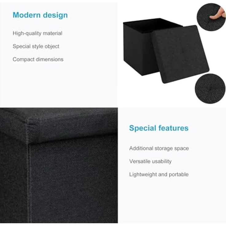 Intirilife Sitzhocker (Sitzwürfel mit Stauraum 30x30x30 cm in PIANO SCHWARZ - Fußablage), Faltbare Sitzhocker - aus Stoff mit Mulden - Aufbewahrungsbox Truhe – Bild 5