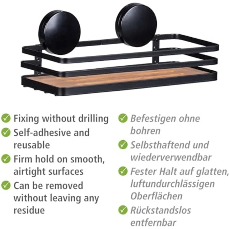 WENKO ALBA Duschablage, Schwarz/Braun, Befestigen ohne Bohren, Edelstahl/Bambus – Bild 6