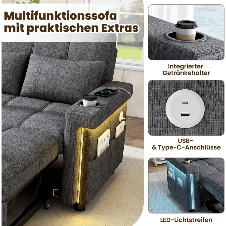 Merax 2-Sitzer Sofa, Schlafsofa mit Schlaffunktion, LED-Beleuchtung, USB/Type-C-Ladeanschluss, verstellbare Rückenlehne, Kissen, Getränkehalter, Seitentasche, Chenille Stoff, Grau – Bild 5