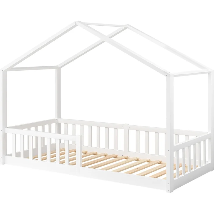 Bellabino 'Bia' Hausbett 80x160 cm, weiß, Kiefer Massivholz, Bodenbett in Hausoptik, Montessori Kinderbett mit Rausfallschutz und Lattenrost – Bild 2