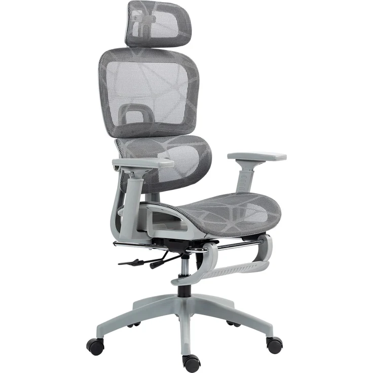 Bürostuhl, Ergonomischer Schreibtischstuhl mit Netzstoffbezug, verstellbar, rollbar, mit Armlehnen, Kopfstütze, Grau--Grau--122x64x66cm--YOUDENOVA – Bild 2