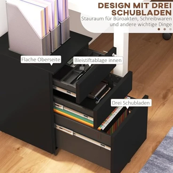 Vinsetto Rollcontainer Aktenschrank mit 3 Schubladen, Bürocontainer abschließbar, (Büroschrank, 1 St, Standcontainer), für A4-Format, Stahl, Schwarz, 37 x 43,5 x 60 cm – Bild 4