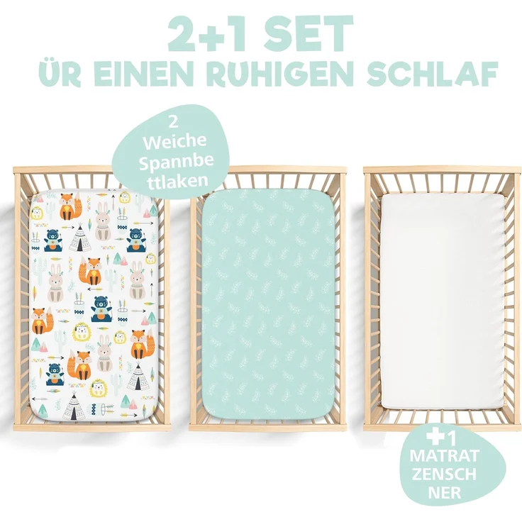 2X Spannbettlaken aus 100% Baumwolle mit Gummiband - 1X Matratzenschoner aus 100% wasserdichtem Material - 3er-Set - 55x90 cm - Fuchs – Bild 2
