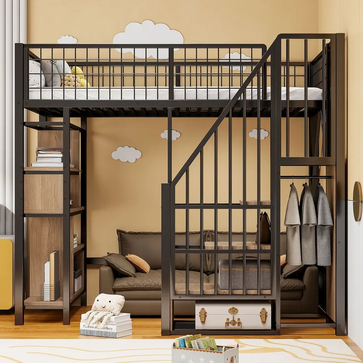 Bett 90x200 cm mit Stauraumtreppe – Hochbett aus Metall und Holz, platzsparend und modern in Schwarz