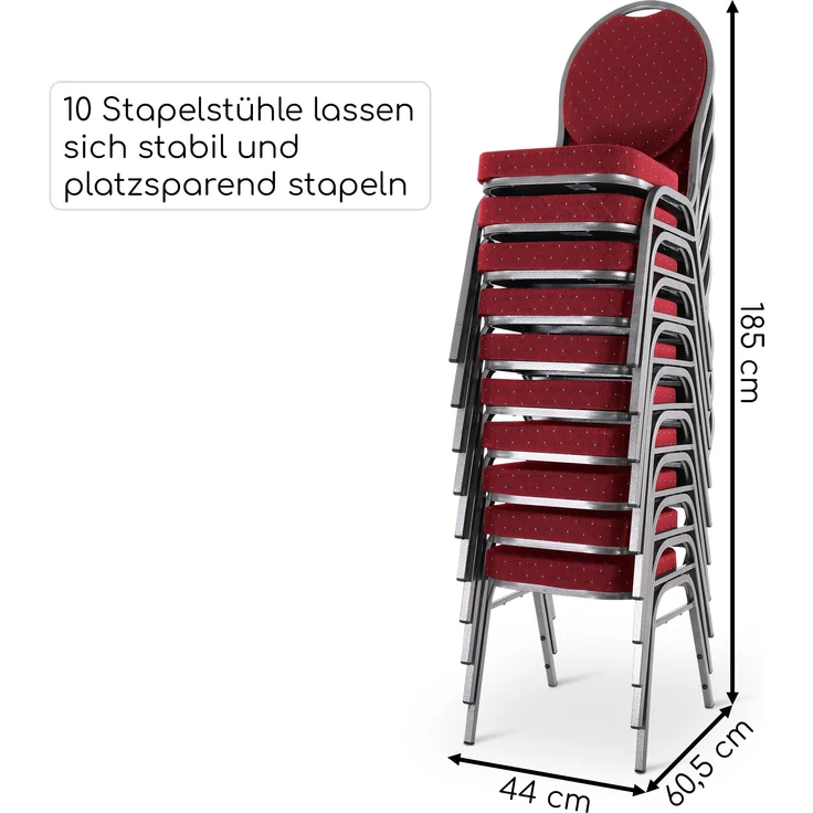 Stapelstuhl 8er-Set, Bankettstuhl stapelbar, Stahl Silber, Stoff Rot | Raburg David – Bild 9