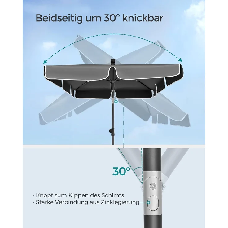 SONGMICS Sonnenschirm 180x125 cm, Balkonschirm UPF 50+, Sonnenschutz, beidseitig um 30° knickbar, höhenverstellbar, mit Aufbewahrungstasche, für Garten, Terrasse, ohne Ständer, grau GPU180G01 – Bild 3
