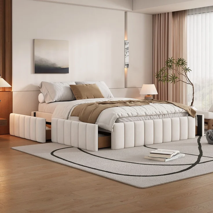 Futonbett mit Lattenrost und 4 Schubladen, 140x200 cm, ohne Kopfteil, Bezug aus Samt – Bild 4