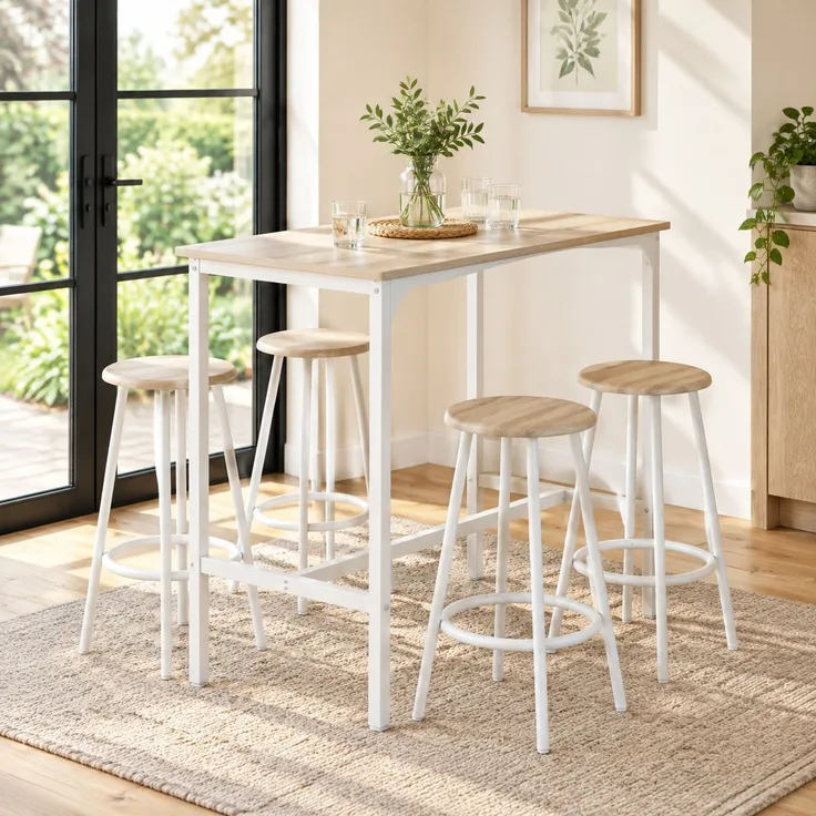 Bartisch-Set 110 x 50 x 89,5 cm mit 4 Hockern – platzsparend, Eiche-Optik und weißes Metallgestell