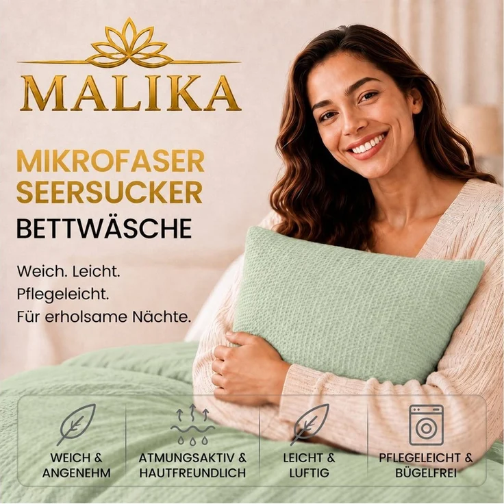 Malika Bettwäsche aus 100 % Mikrofaser, 1 x 135 x 200 + 1 x 80 x 80 cm, Seersucker, Salbei, Seersucker, 2 teilig, Für Allergiker geeignet, pflegeleicht, angenehm weicher Stoff – Bild 2