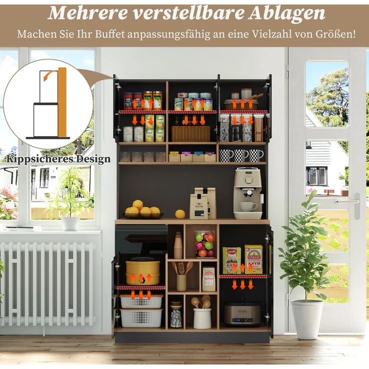 105×45×185cm,moderner Küchenschrank,Buffet,Sideboard,Grau und Schwarz,Metallgriffe,verstellbare Regale,Schubladen,offener Stauraum,Kippschutzzubehör,geeignet für Küche,Wohnzimmer und Schlafzimmer – Bild 7