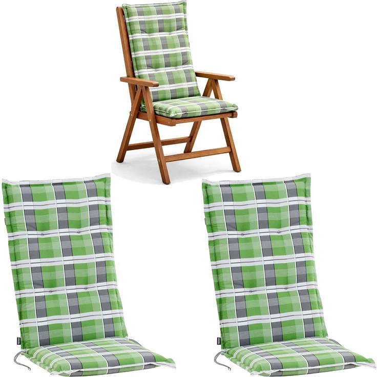 BURI 2x Auflagen Set Hochlehner für Gartenstühle 120x48x7cm Sesselauflagen Polster UV Lichtecht - Gartenstuhlauflagen Karo Muster Stuhlkissen mit Dicker Schaumstoff Füllung (Grün/Grau) – Bild 1